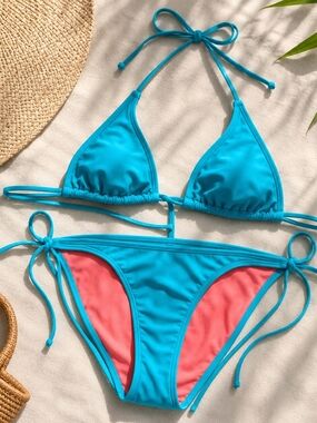 Athleta Turquoise String Bikini Set Women's Small Blue Coral Lined Swimsuit